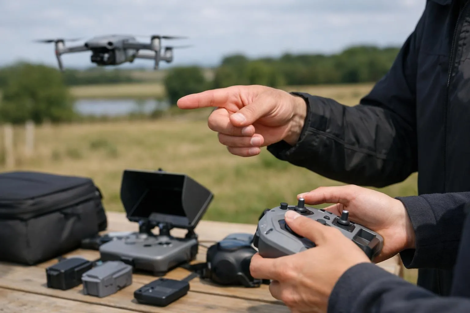 Drone volant dans un champ avec un contrôleur à distance.