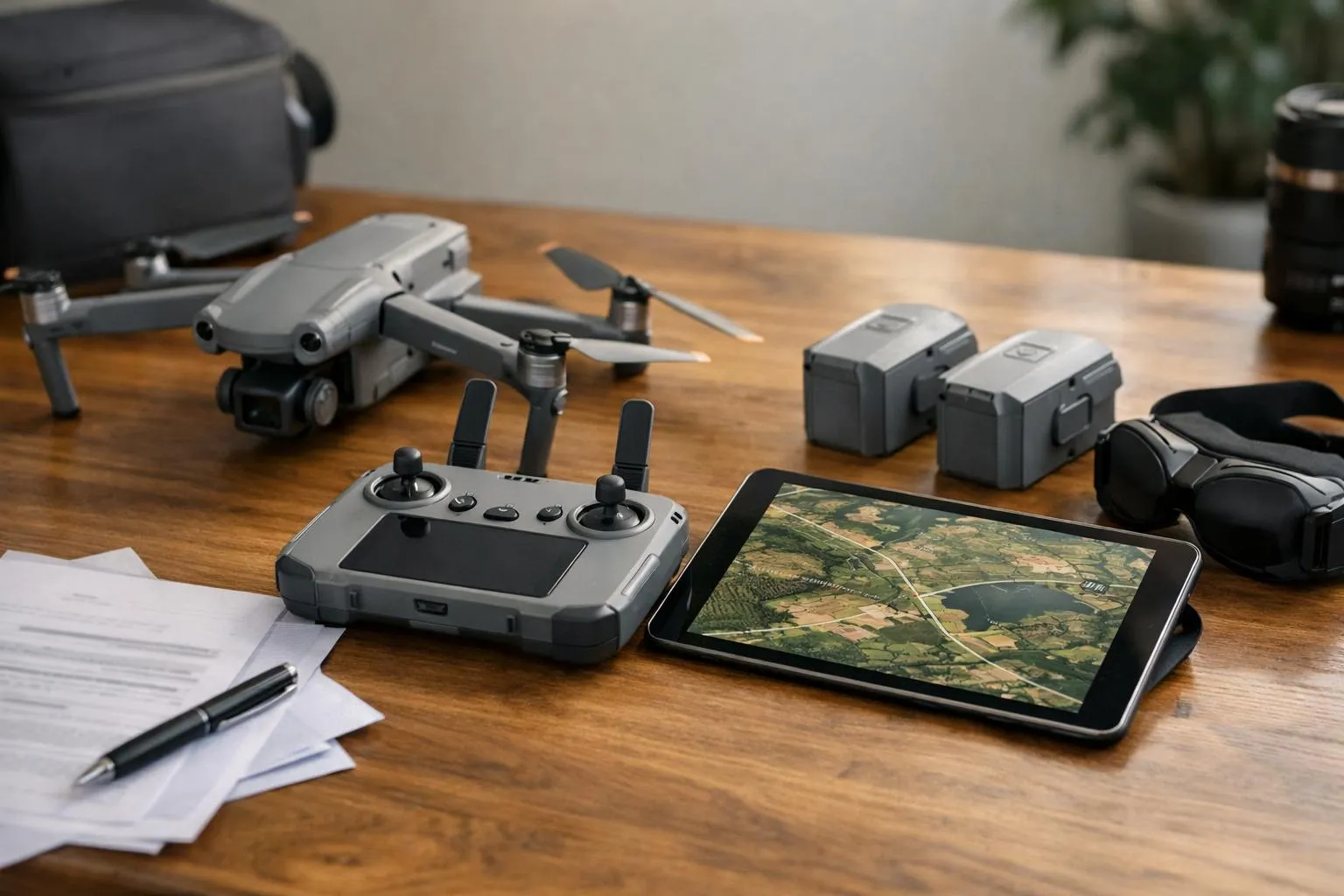 Équipement de drone, contrôleur et tablette affichant une vue aérienne.