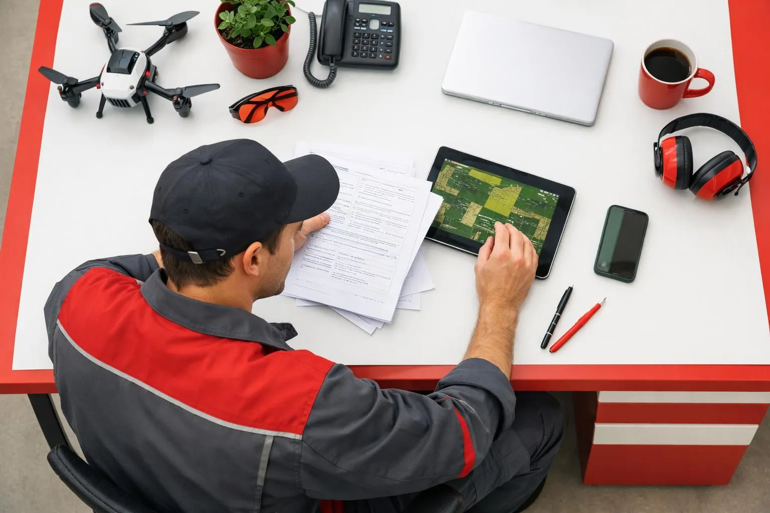Professional drone pilot reviewing regulatory documents and flight manual at desk with tablet showing agricultural mapping software, concentrated expression, technical training environment, realistic lighting