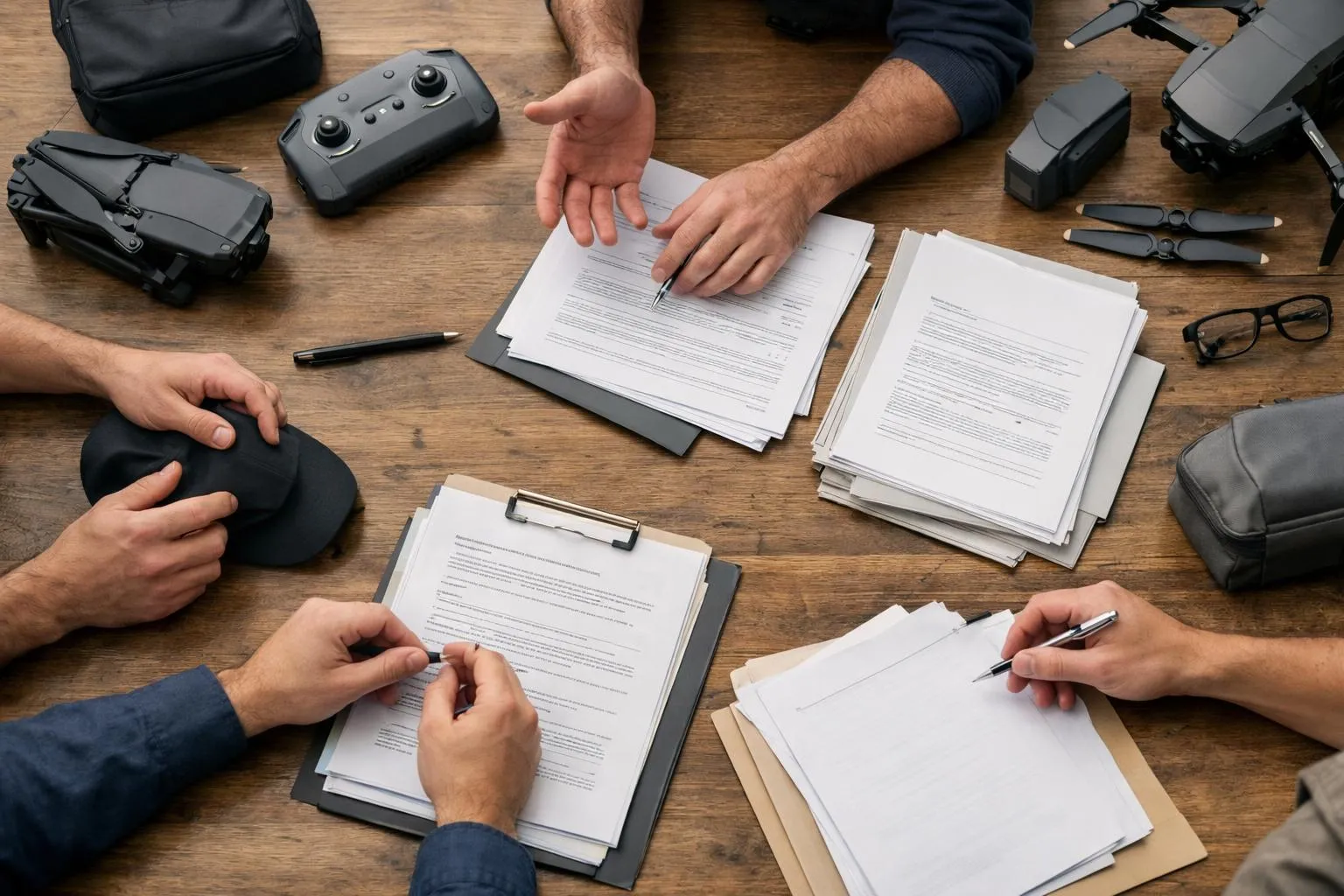 Professional drone training instructor reviewing official certification documents and DGAC regulatory paperwork with students around a table, drone equipment visible in background, serious administrative atmosphere