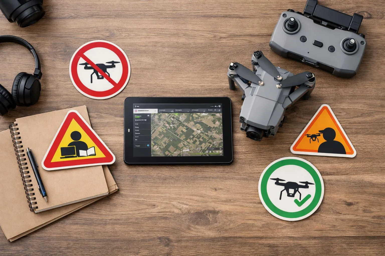 A person holding a tablet displaying the AlphaTango portal interface while standing outdoors near a grounded drone, with visible regulatory warning signs in the background showing restricted airspace zones, capturing the gap between online certification and real-world operational constraints in professional drone piloting training.