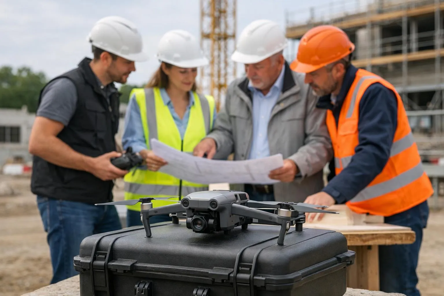 A professional drone pilot consulting with construction site managers while holding a tablet, surrounded by BTP workers examining building plans, with a drone visible on a case in the foreground, realistic business meeting atmosphere outdoors on a French construction site with safety equipment, natural lighting, no text or labels anywhere in the image