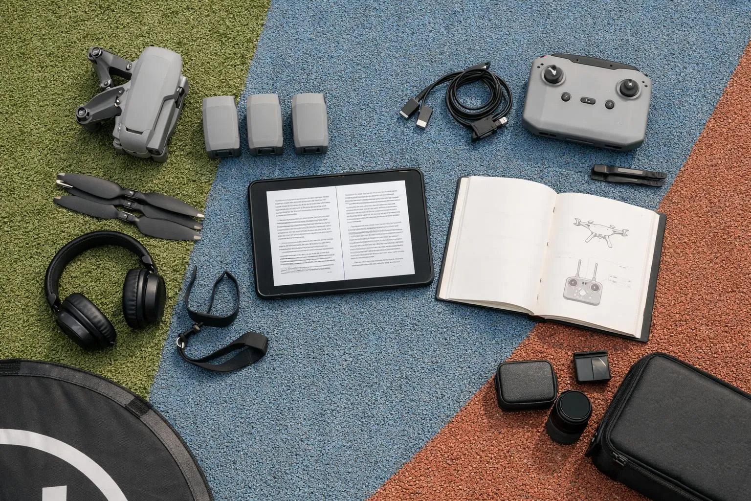 Professional drone pilot reviewing regulations on tablet in outdoor training field with drone equipment and flight manual, realistic training environment showing limitations of basic certification