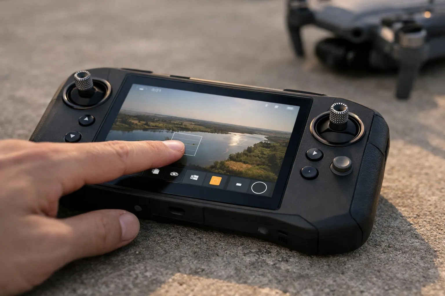 Contrôleur de jeu portable avec écran affichant un paysage lacustre.