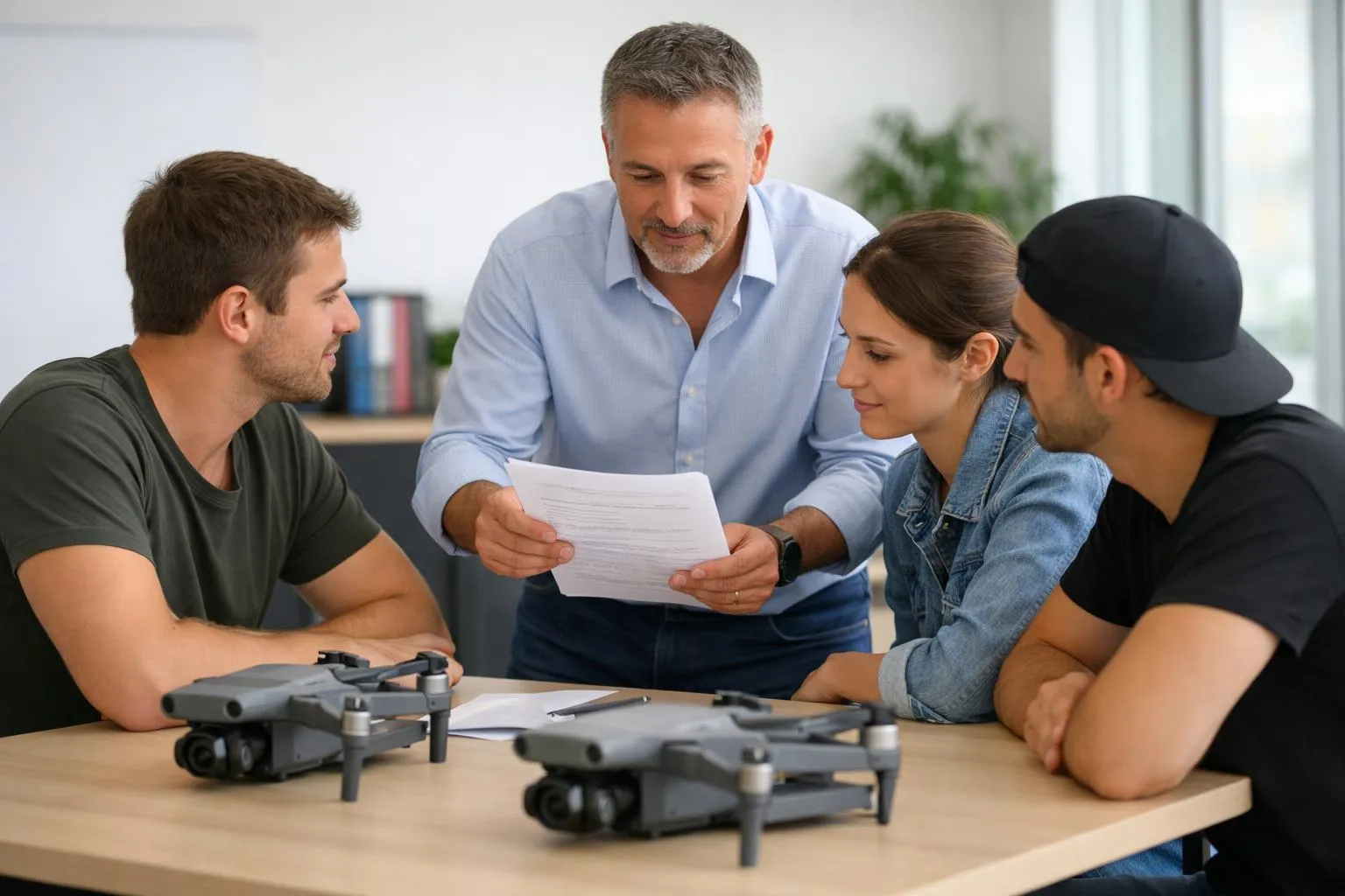 Groupe de personnes discutant autour d'un document avec des drones sur la table.