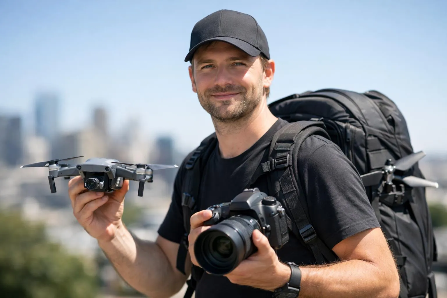 Photographe professionnel avec drone en plein air, préparation pour prise de vue aérienne urbaine