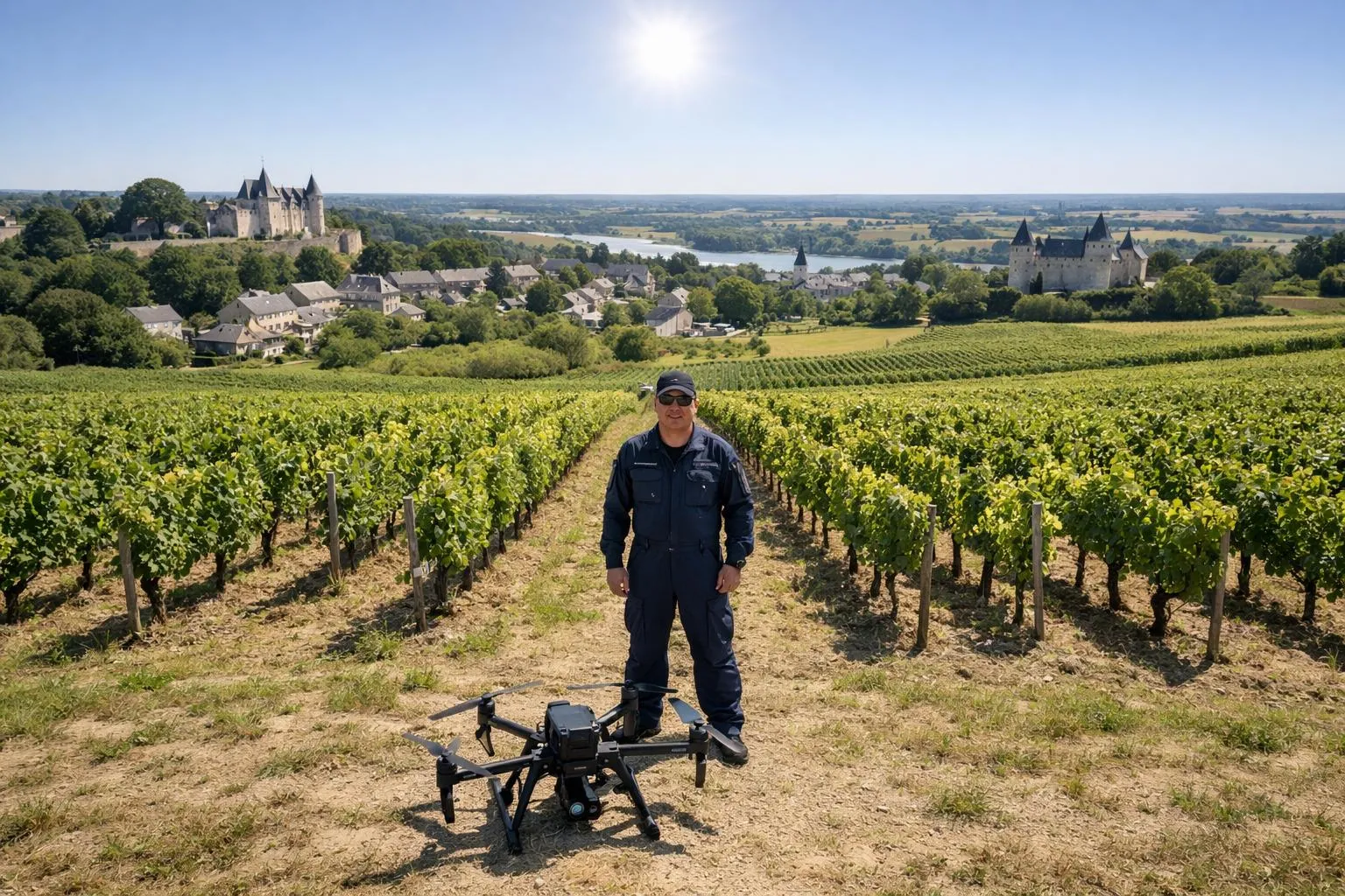 Entreprise de drone en Pays de la Loire, technicien préparant un drone pour une mission de prise de vue aérienne dans un pays