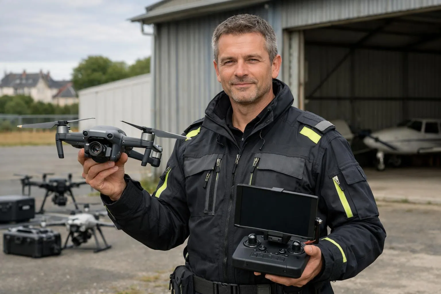 "Cours de pilotage drone professionnel à Nantes, instructeur avec drone et écran de contrôle"