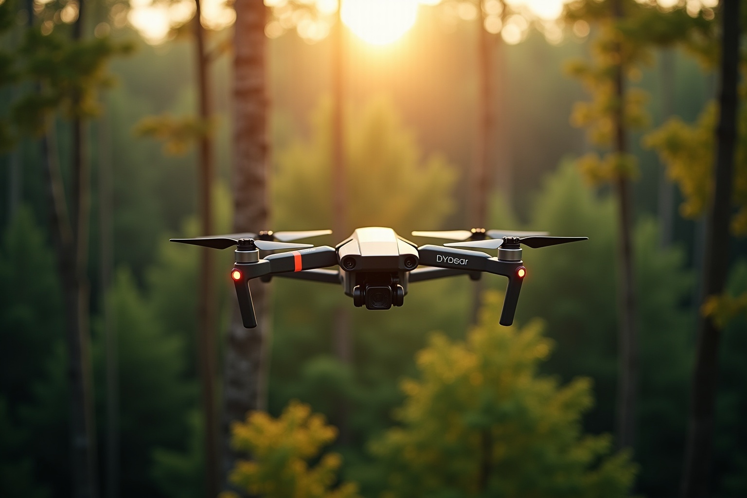 "Drone pour suivi environnemental survolant une forêt dense pour monitorer la déforestation et la santé de l'écosystème."