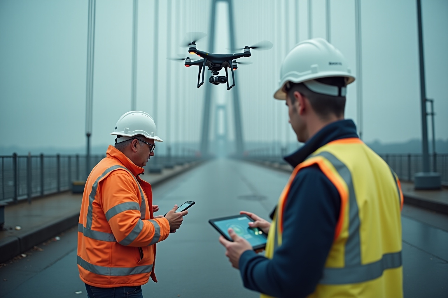 Inspection d'ouvrages d'art par drone pour évaluer l'état des structures critiques comme les ponts suspendus.