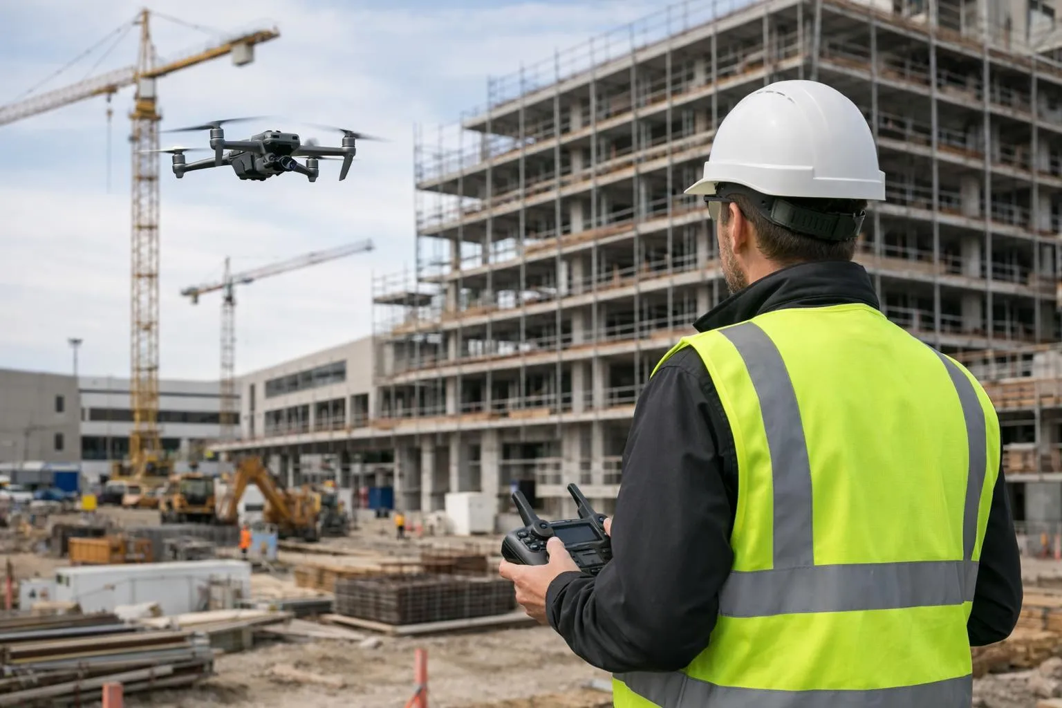Ouvrier de la construction contrôlant un drone au-dessus d'un chantier.