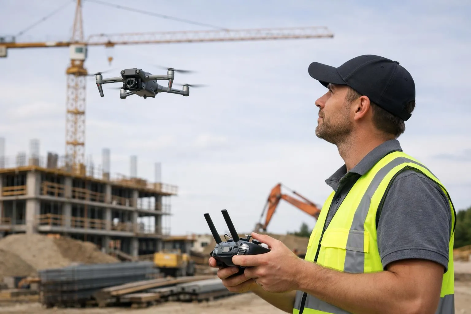 Homme en vêtements de sécurité pilotant un drone sur un chantier de construction.