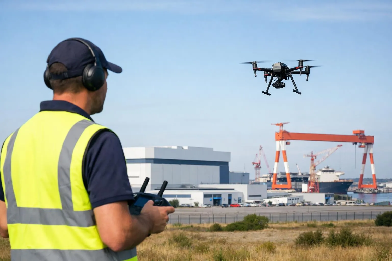 Ouvrier contrôlant un drone au-dessus d'un chantier portuaire.