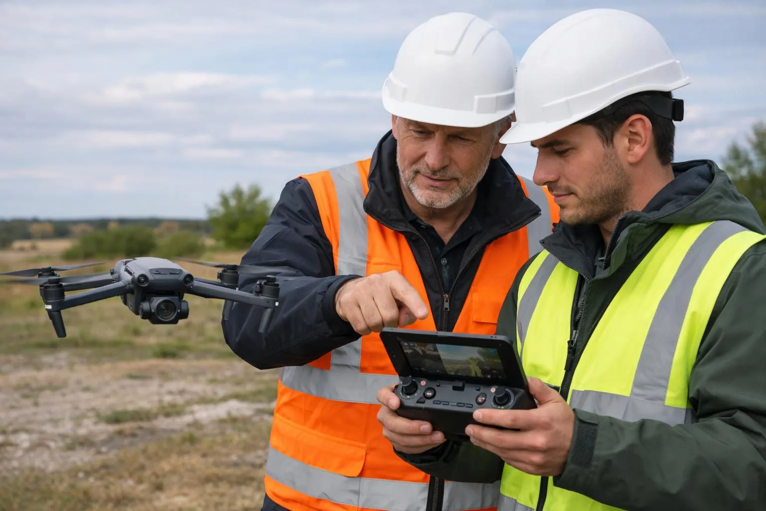 Deux travailleurs du bâtiment inspectant un drone de construction.