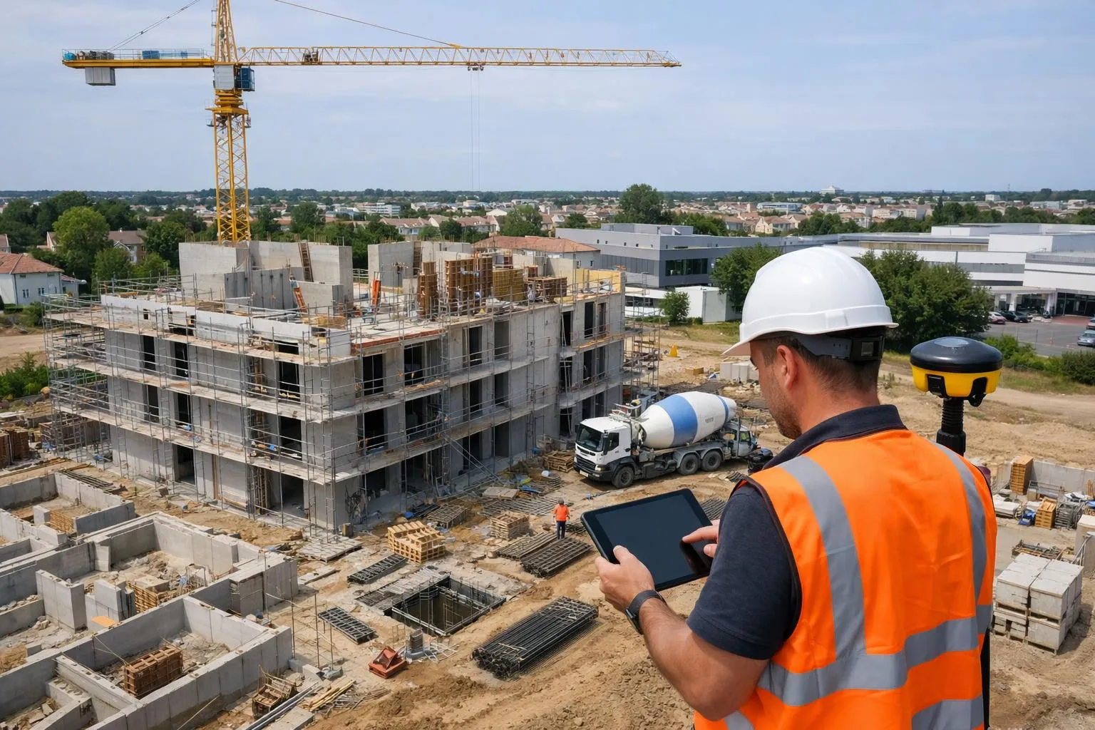 Chantier de construction avec grue, bâtiment en construction et ouvrier avec tablette numérique.
