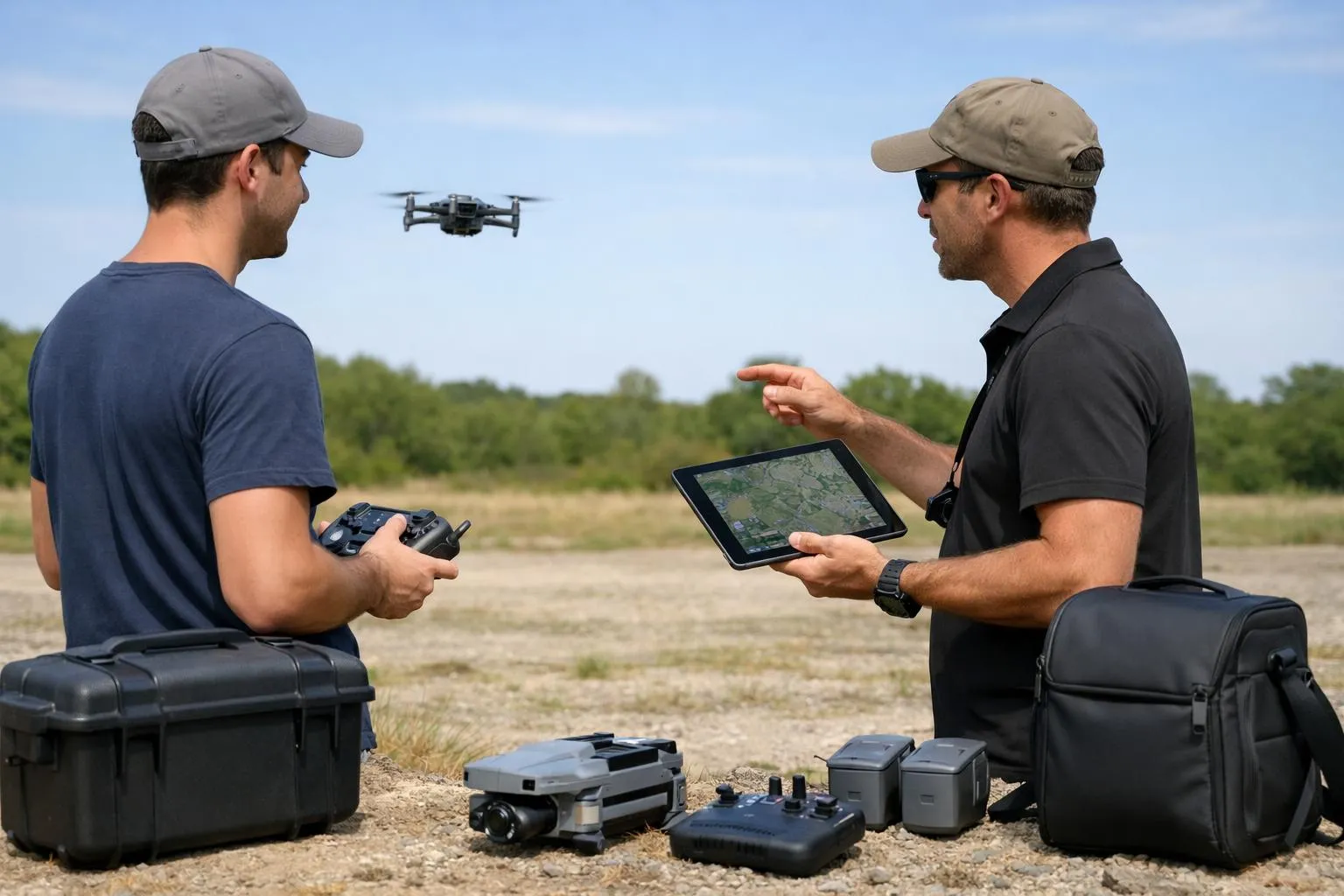 Deux hommes pilotant un drone et examinant une carte sur une tablette.