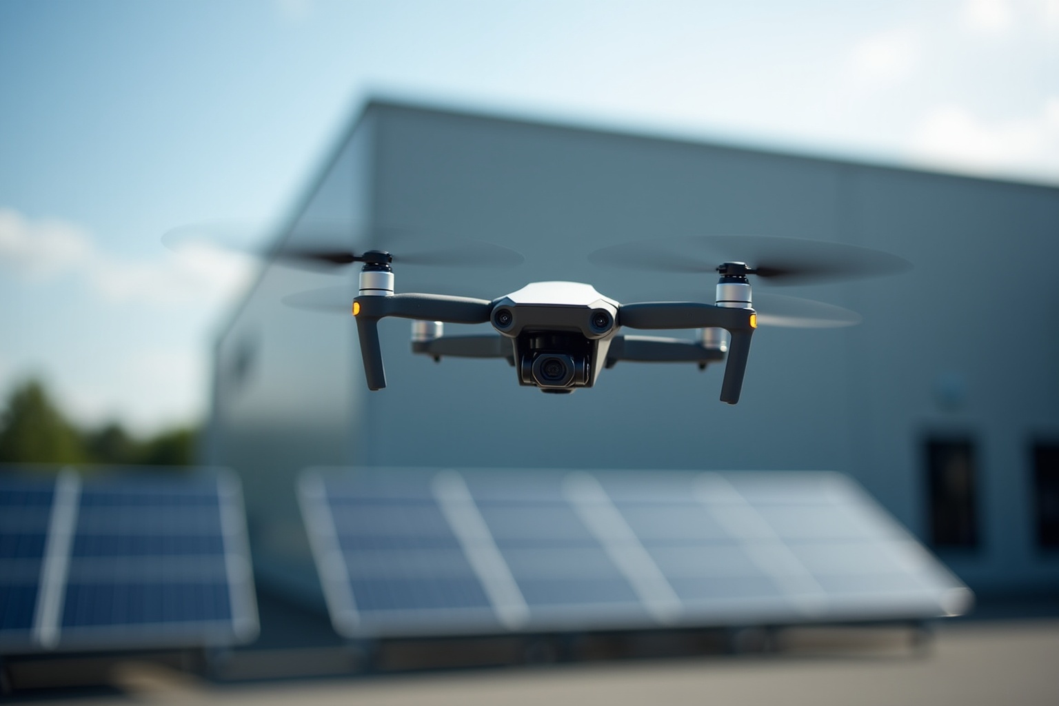 Drone de photographie volant au-dessus d'un panneau solaire.