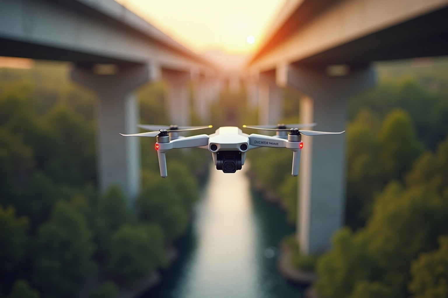 Drone volant dans un paysage ensoleillé avec des bâtiments en arrière-plan.
