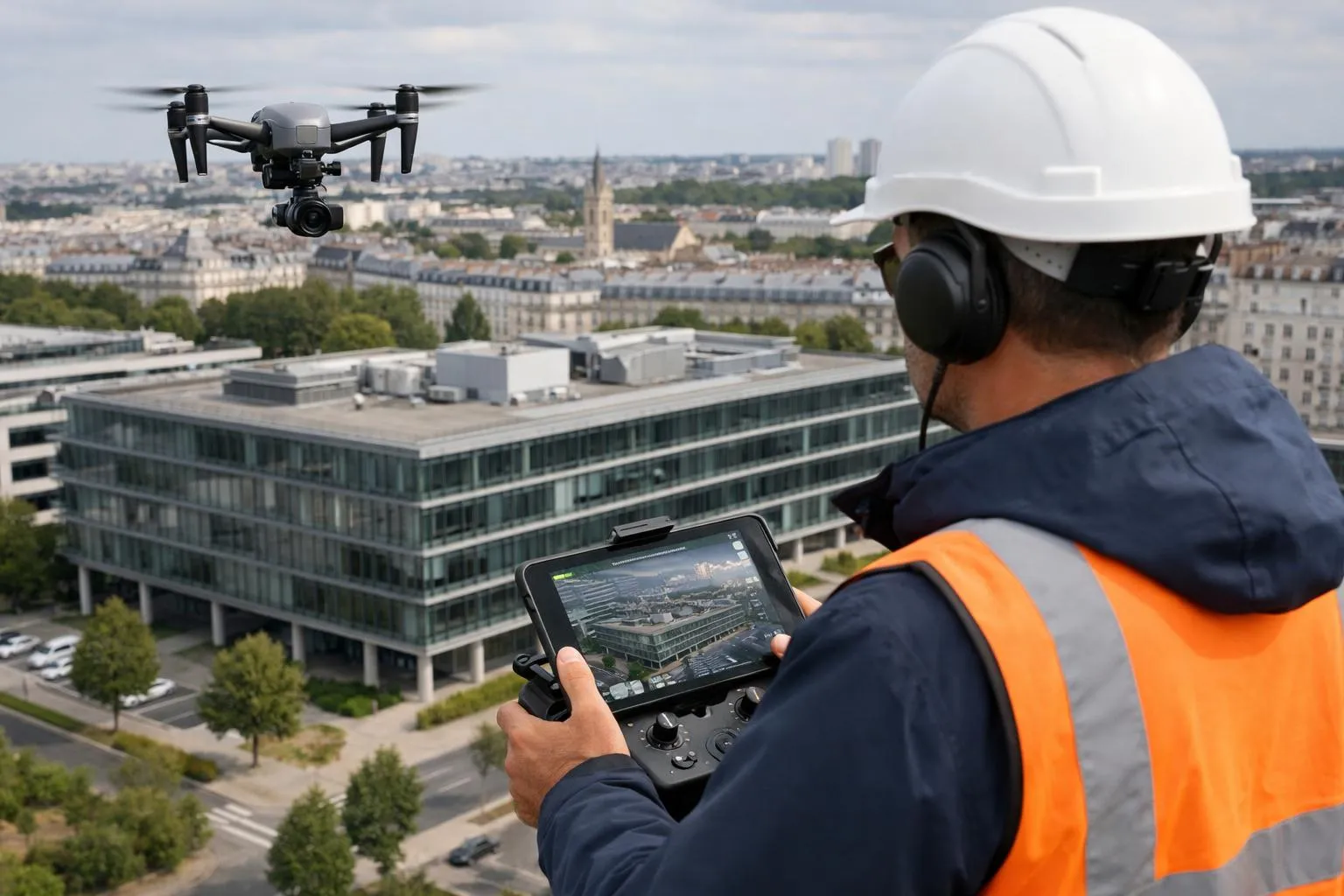 Homme en tenue de sécurité pilotant un drone au-dessus d'un paysage urbain.