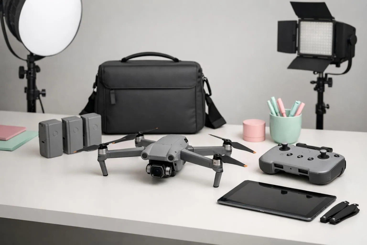 Équipement de photographie et de vidéographie professionnelle sur un bureau.