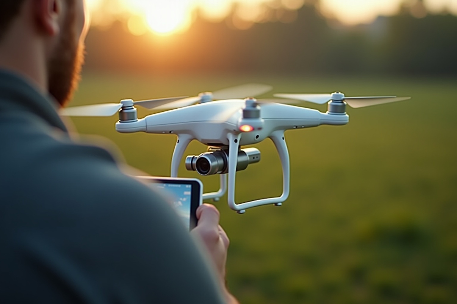 Drone volant avec caméra dans un paysage ensoleillé.