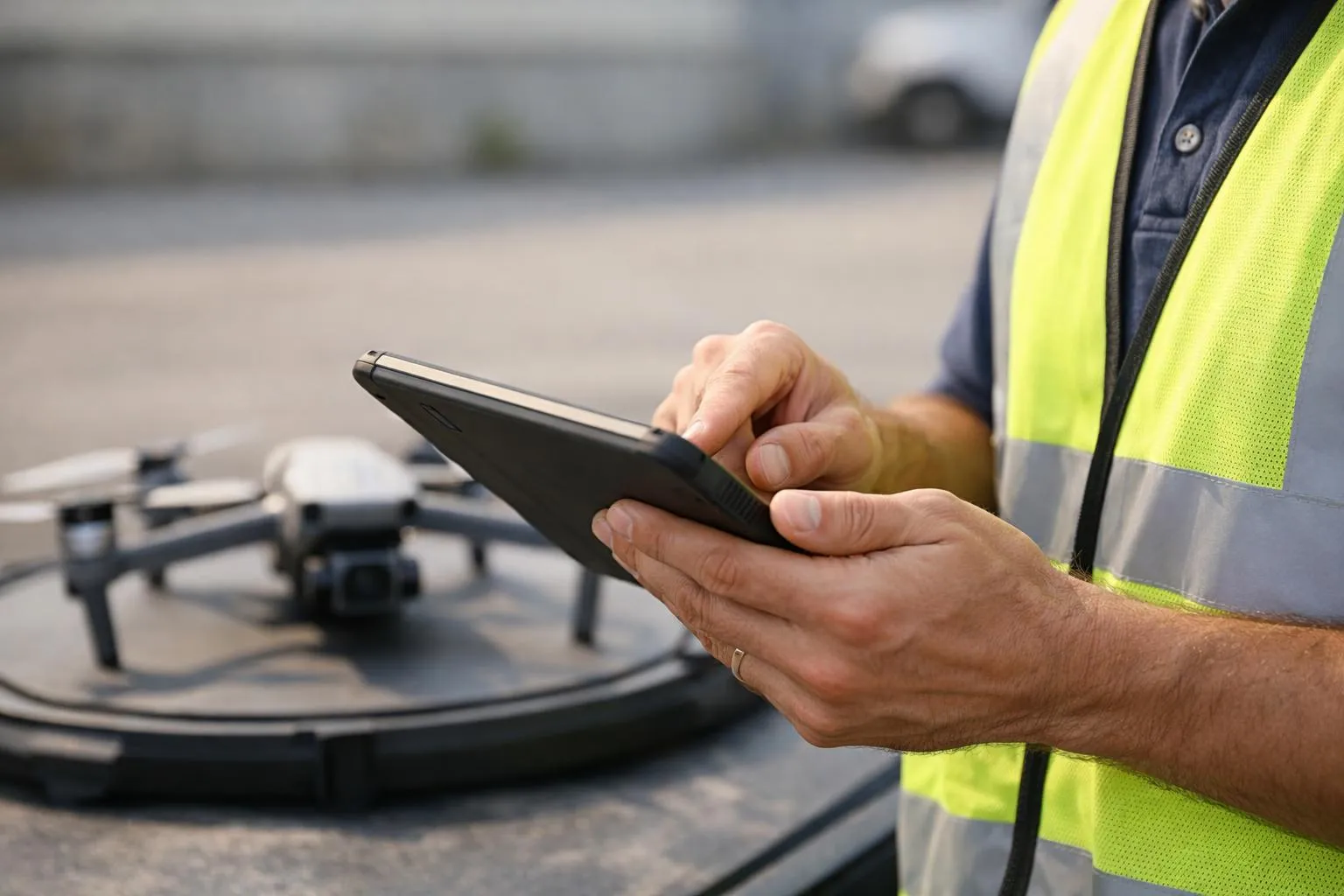 Homme en gilet de sécurité utilisant une tablette près d'un drone.
