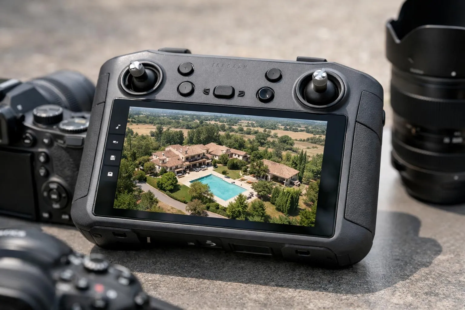 Contrôleur de drone avec vue aérienne d'un complexe résidentiel avec piscine.