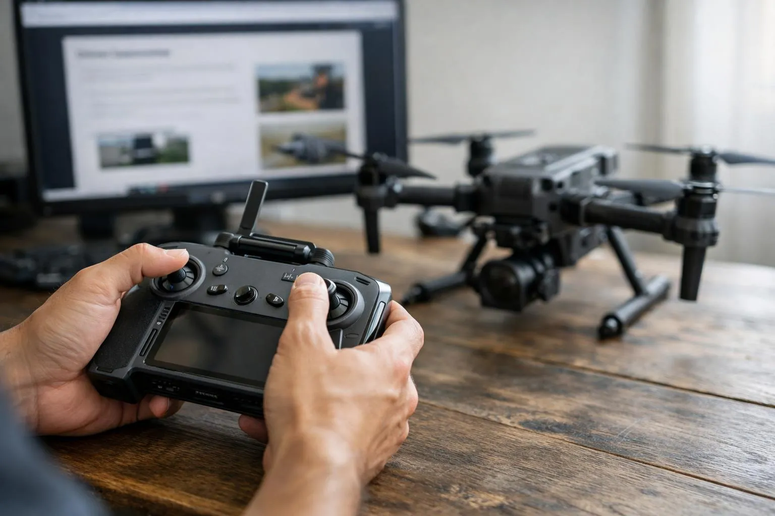 Drone de photographie avec contrôleur sans fil sur un bureau.
