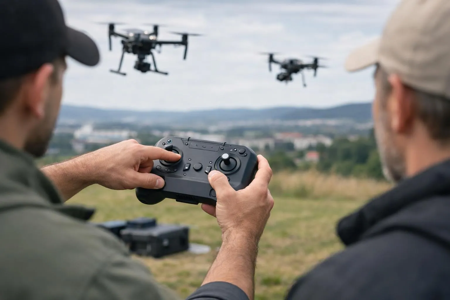 Deux drones volants contrôlés par un homme à l'aide d'une manette.