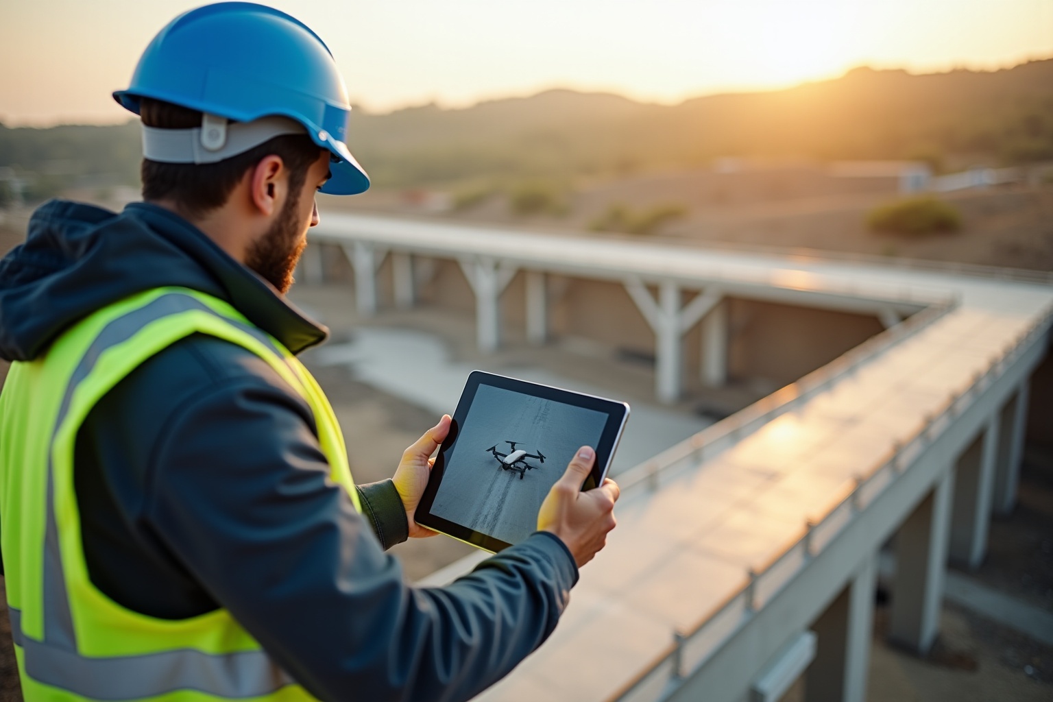 Ouvrier de la construction contrôlant un drone sur un chantier au coucher de soleil.