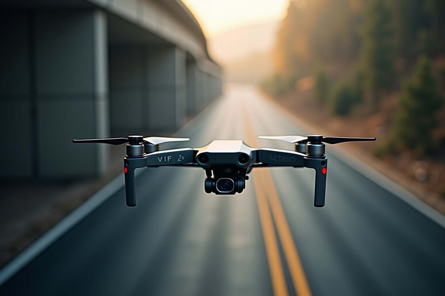 Drone volant au-dessus d'une route dans un paysage flou.
