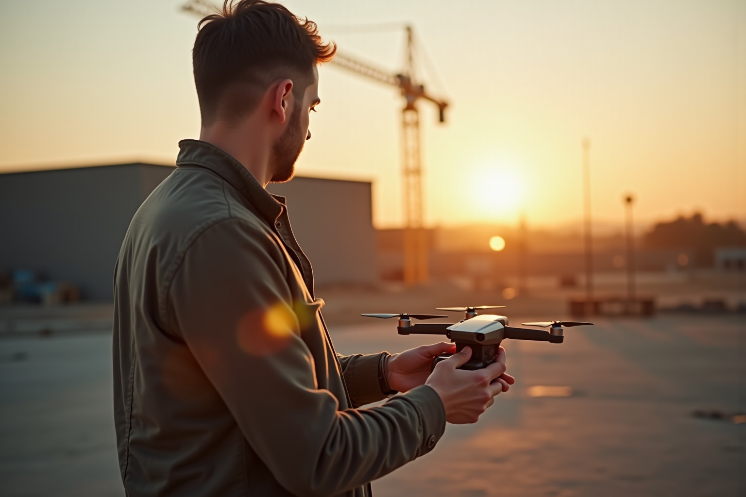 Pilote de drone freelance en action sur un chantier, vérifiant son équipement avant de décoller.