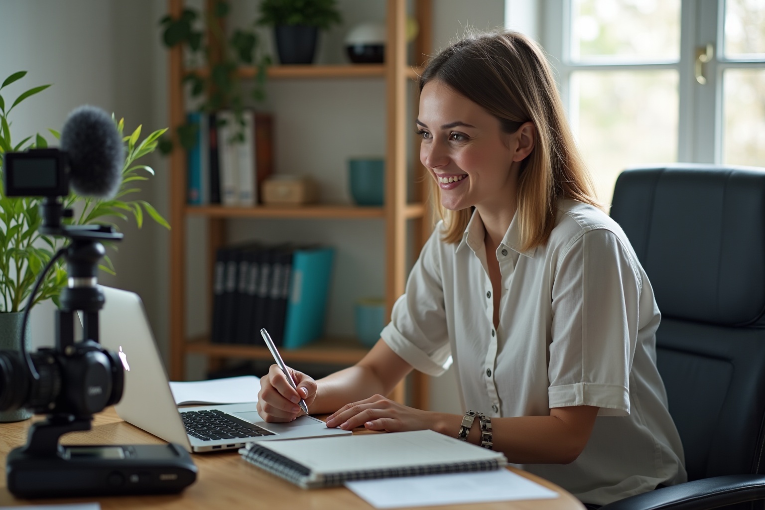 Femme en formation vidéaste indépendant en ligne à domicile avec équipement de tournage