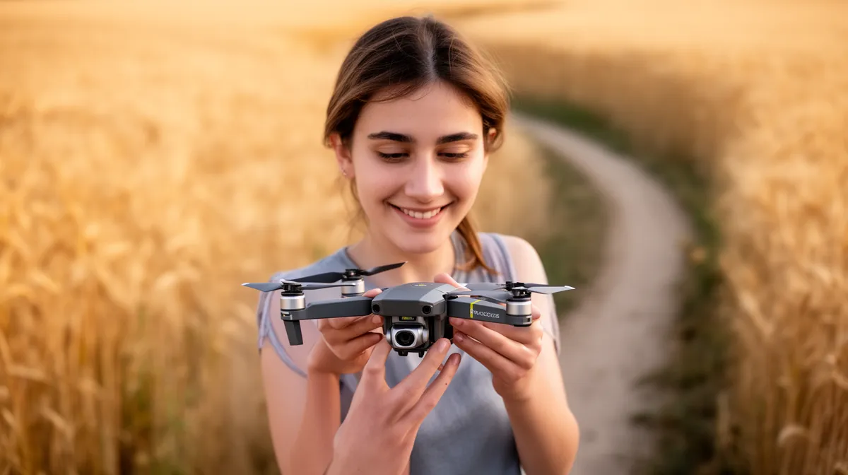 "Une femme utilise un drone DJI Mavic dans un champ de blé, formation et pratique pour un vol réussi."