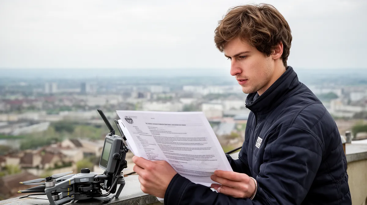 Opérateur de drone consultant un document officiel pour prestation de drone cadrée légalement en 2026.