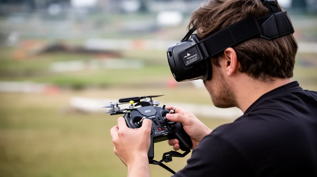 "Pilote de drone en action avec casque VR et contrôleurs"