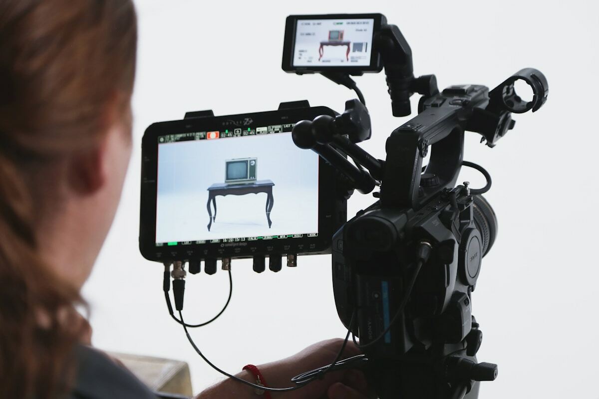 Caméra vidéo professionnelle filmant un bureau vintage sur un écran.