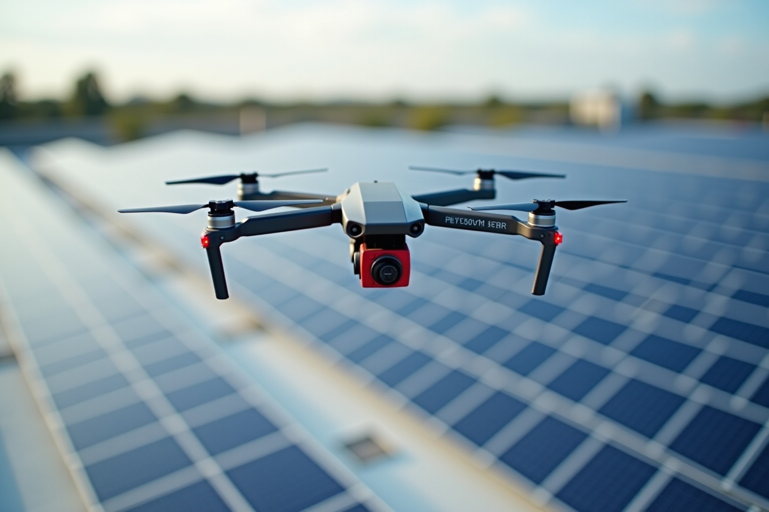 Drone volant au-dessus d'un toit de panneaux solaires.