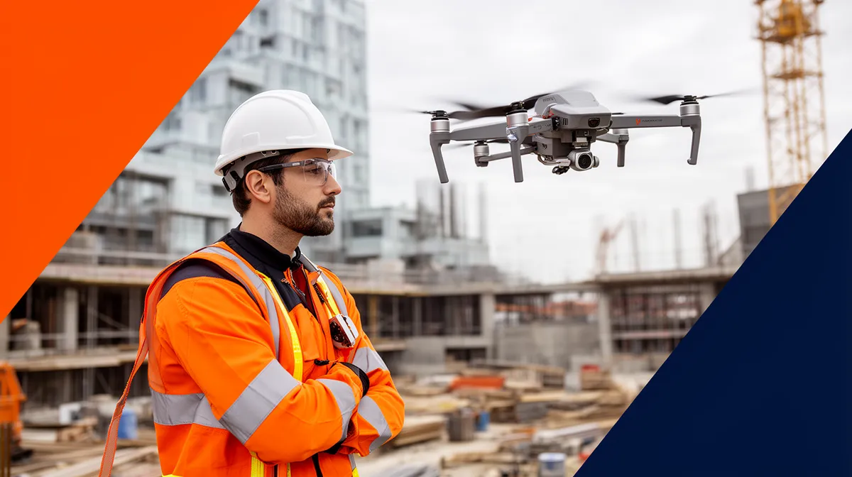 Ouvrier de la construction pilotant un drone sur un chantier.