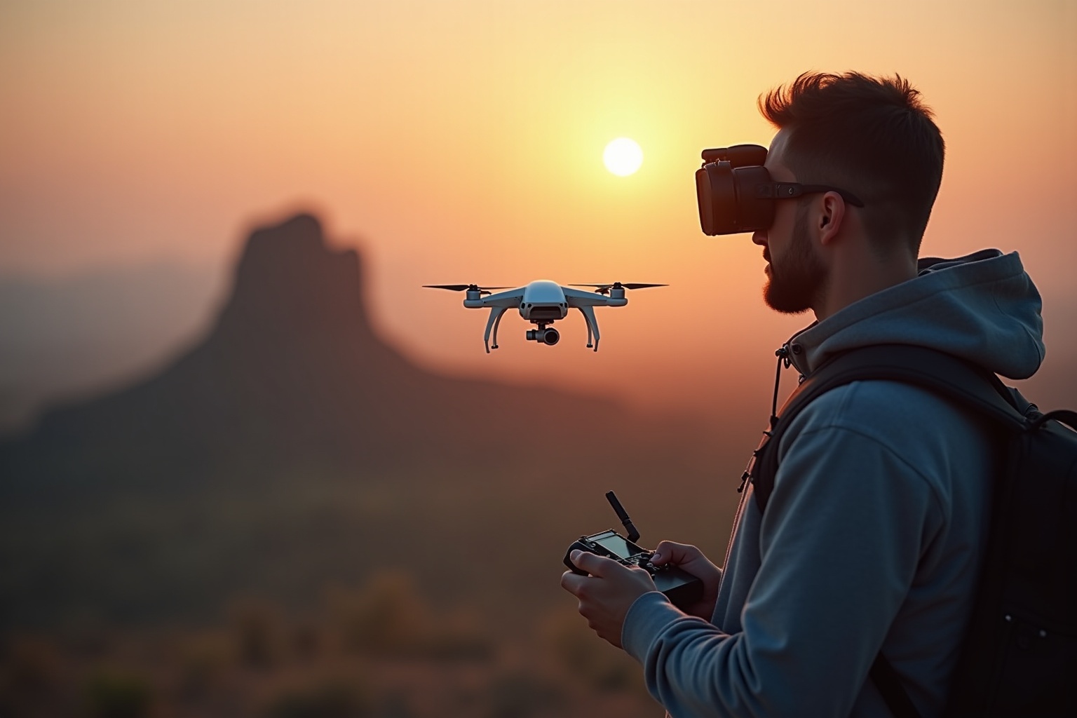 Homme pilotant un drone au coucher de soleil dans un paysage montagneux.