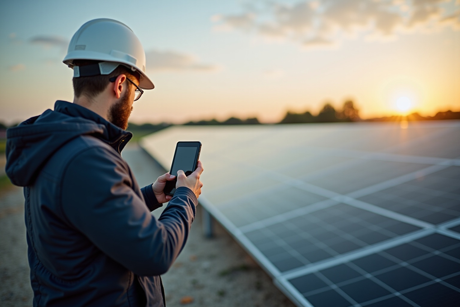 Homme avec casque de sécurité inspectant des panneaux solaires au coucher de soleil.