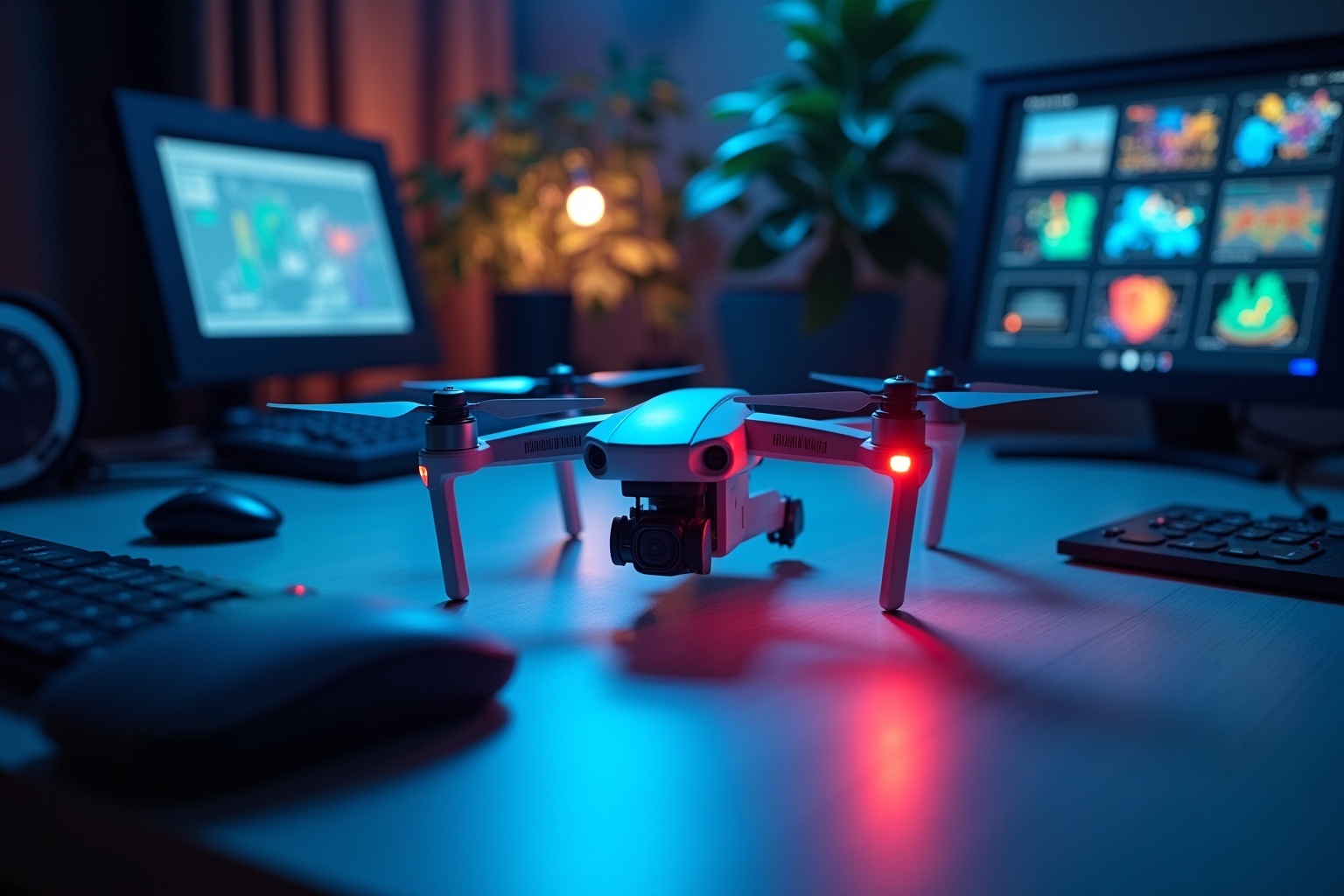 Drone de photographie sur un bureau avec écrans d'ordinateur.