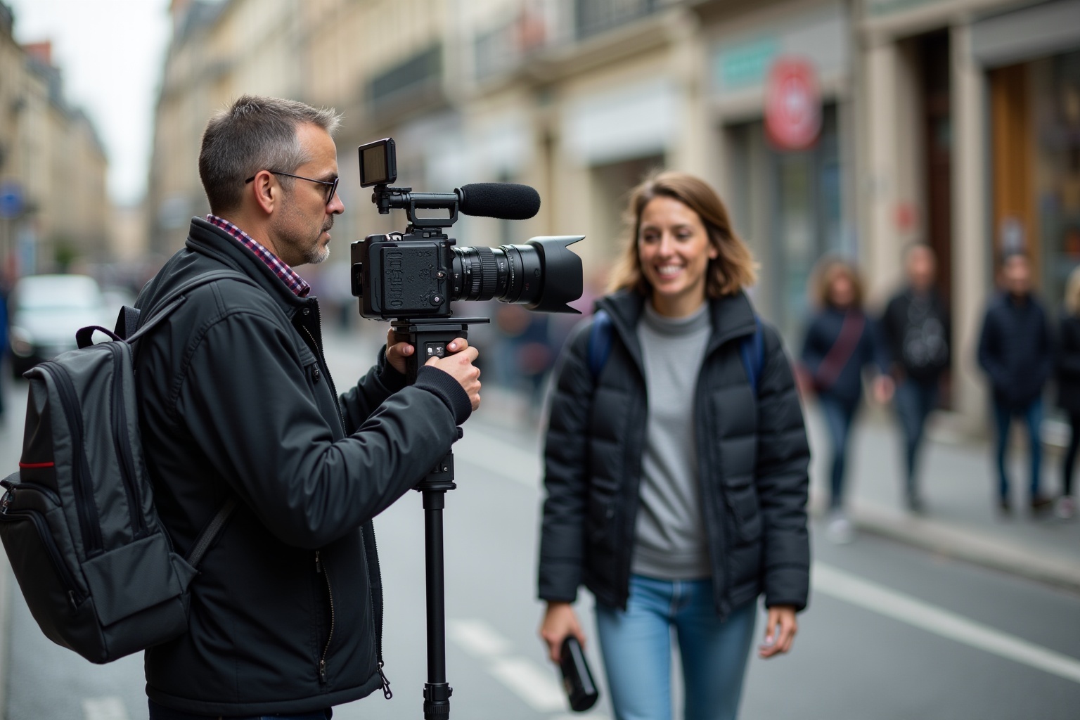 Homme avec caméra filmant une femme souriante dans la rue.