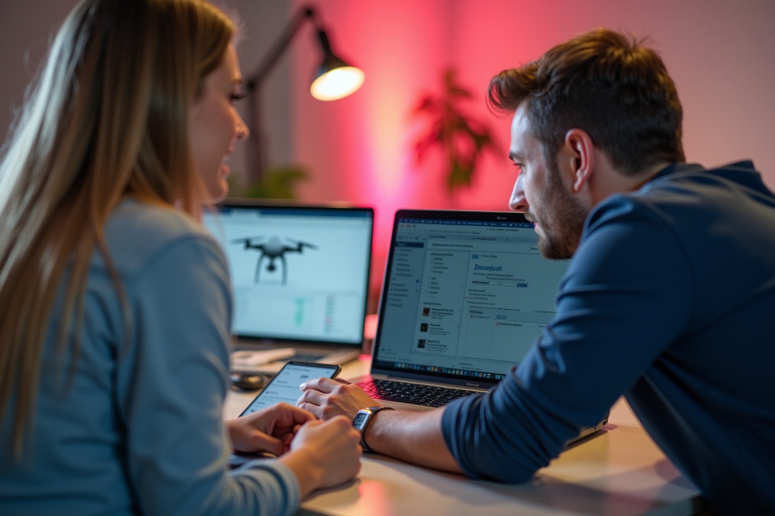 Deux personnes collaborant sur des projets informatiques dans un bureau éclairé.