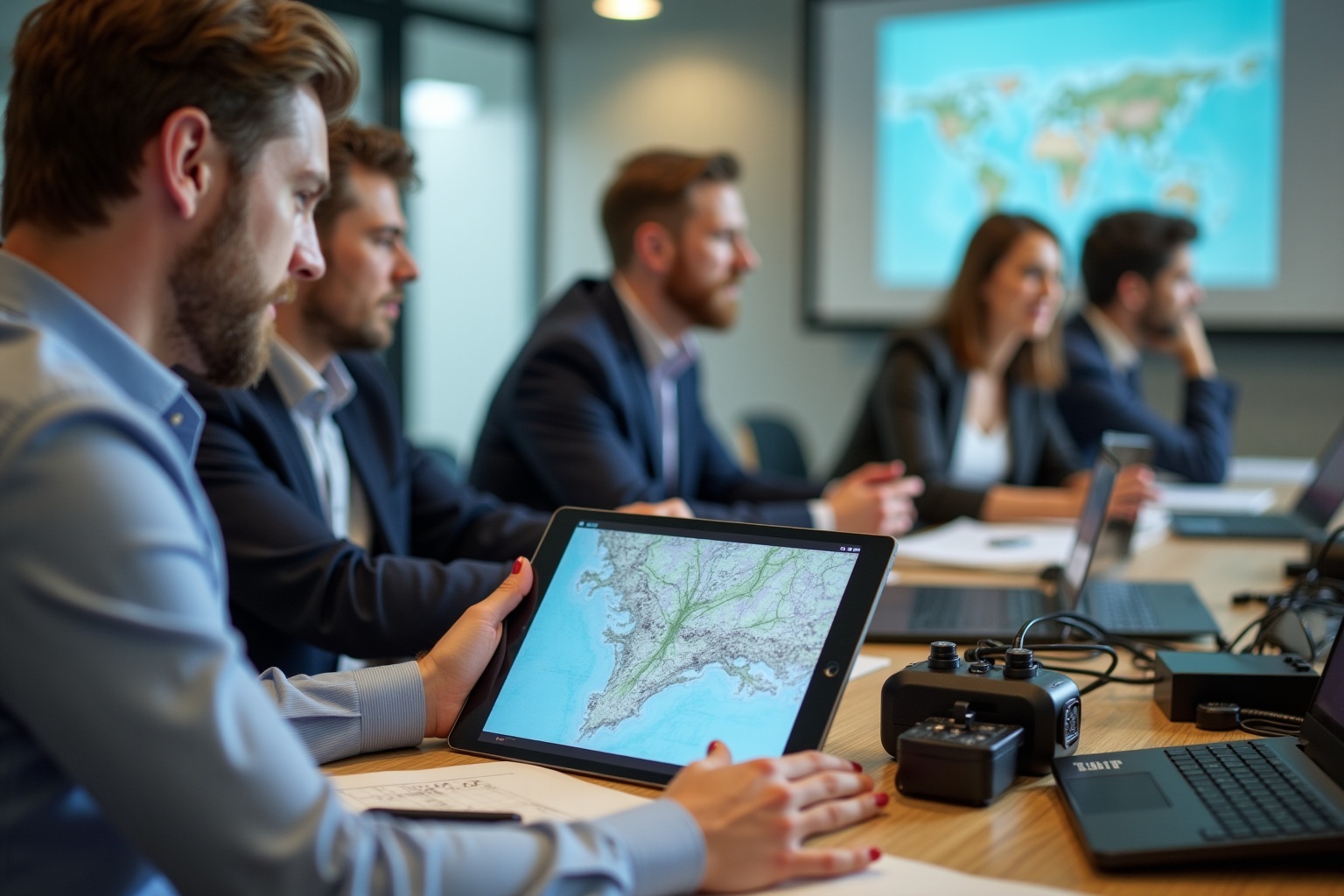 Groupe de professionnels examinant une carte géographique sur une tablette numérique.