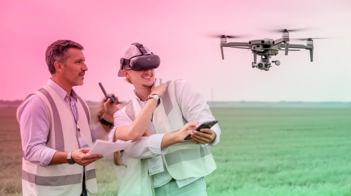 Deux personnes utilisant un casque de réalité virtuelle et un drone dans un champ.