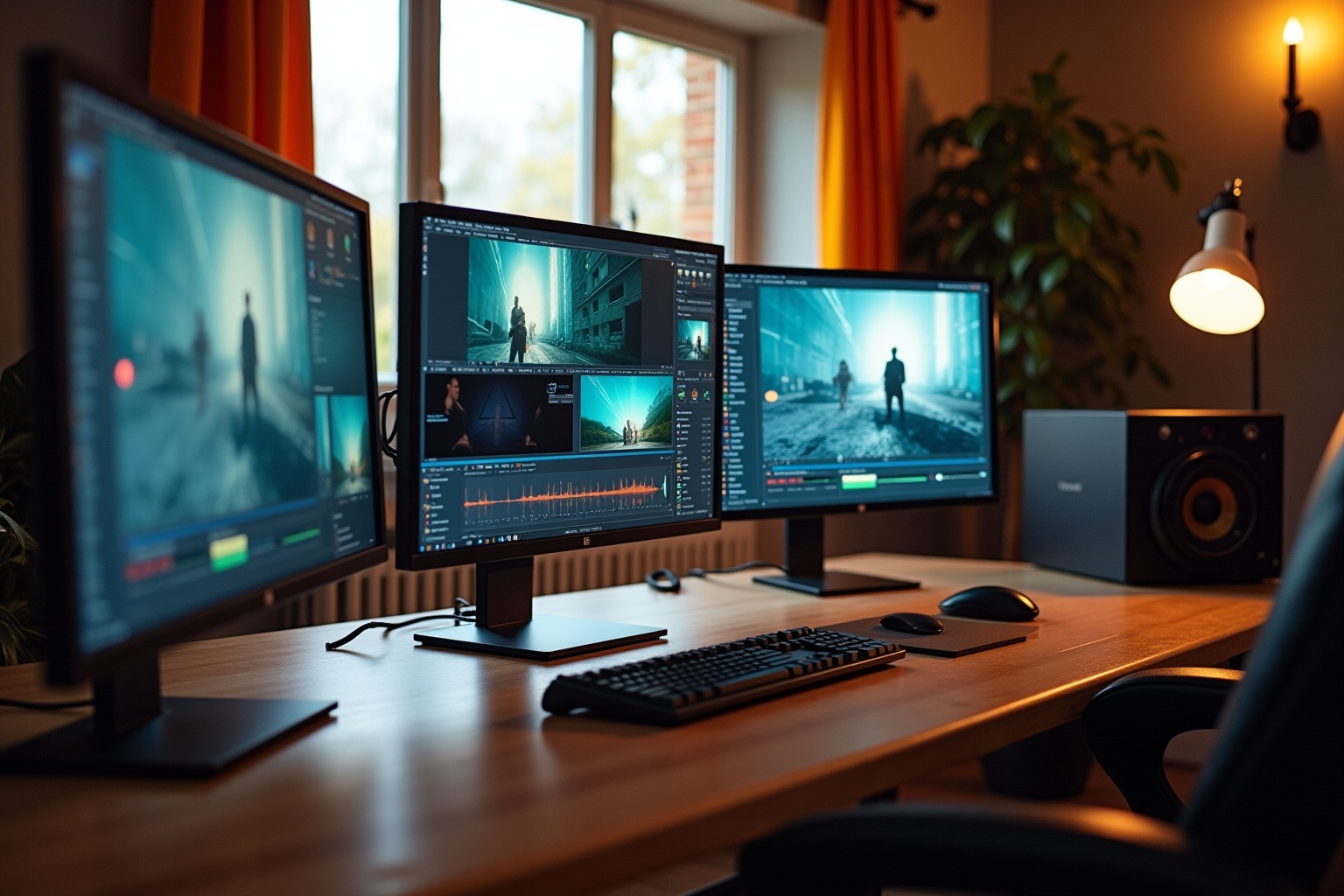 Bureau de montage vidéo avec plusieurs écrans d'ordinateur.