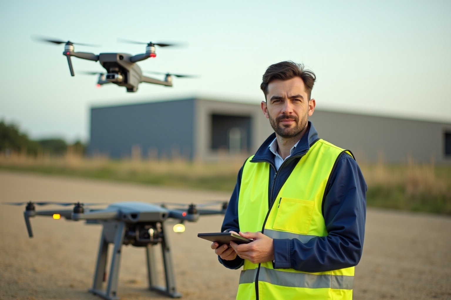 Homme en gilet de sécurité contrôlant un drone volant sur un chantier.