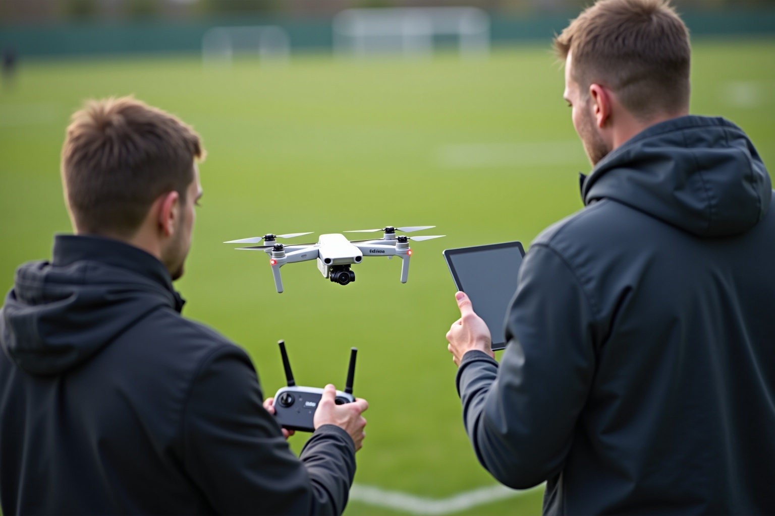 Deux hommes pilotant un drone avec une caméra dans un champ.
