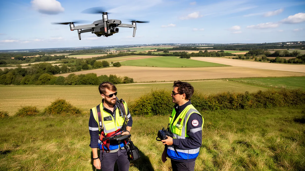 Deux hommes en gilets de sécurité pilotant un drone au-dessus d'un paysage rural.